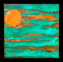 Emerald Fog, textured canvas with a copper leaf.