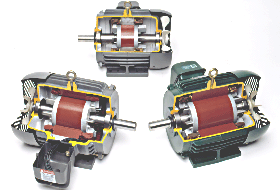 Three different efficiencies for the same horsepower rating. Top: standard-efficiency pre-EPAct motor; lower left: EPAct-level motor; lower right: NEMA Premium efficiency motor. Notice that the rotor and stator lengthen (and the amount of copper in the motor rises) as efficiency increases. (Courtesy: Toshiba)