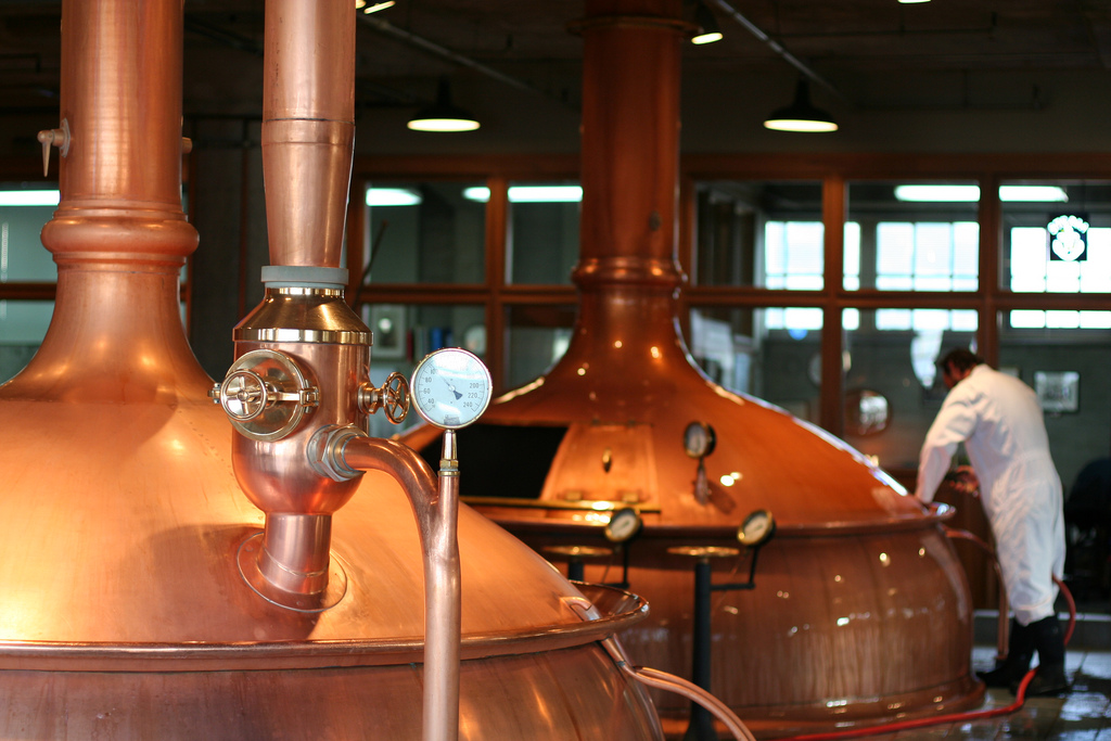 Copper beer brewing vats at the Anchor Steam Brewery