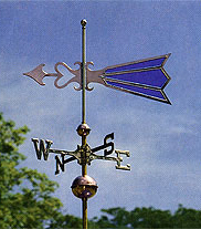 Copper weathervane with stained glass inserts.